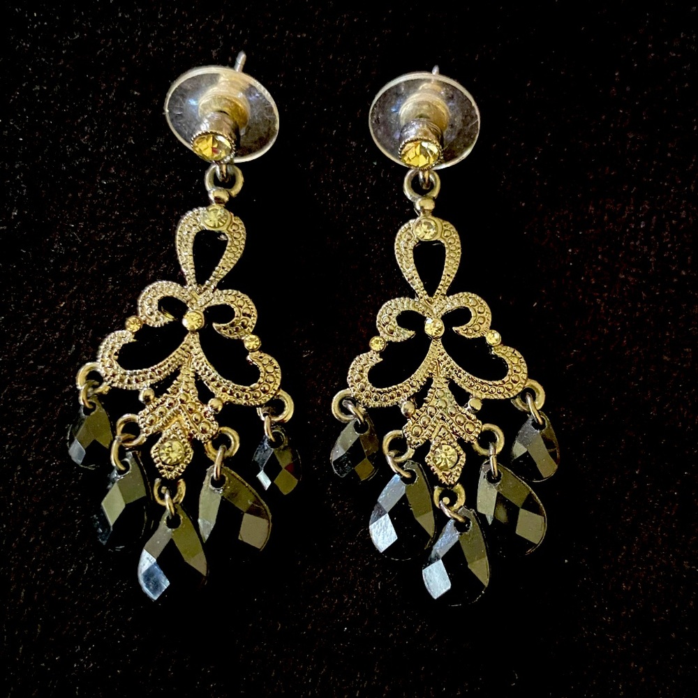 Antique Pewter And Black Crystal Chandelier Earrings